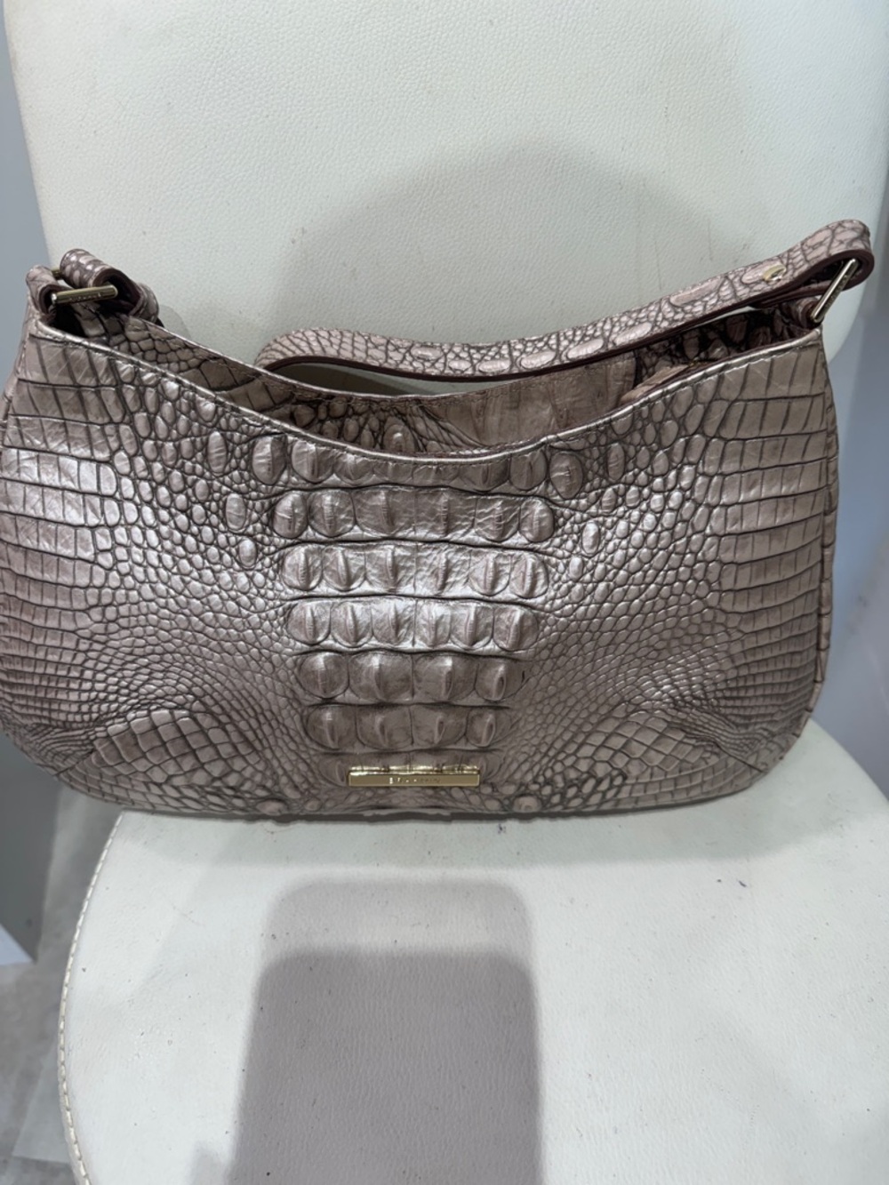 Brahmin Metallic Taupe Croc-Embossed Shoulder Bag with Gold Hardware